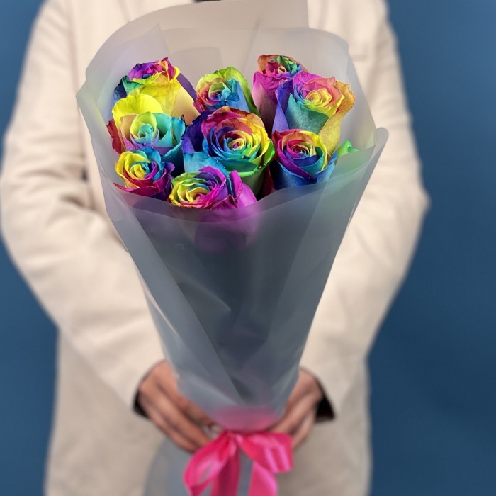 9 радужных роз 60 см