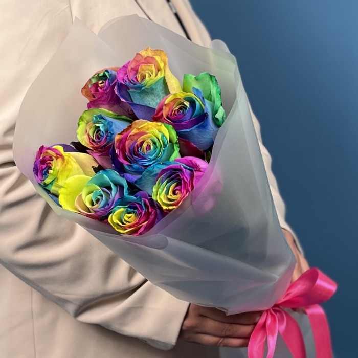 9 радужных роз 60 см