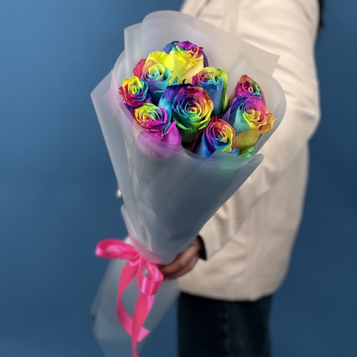 9 радужных роз 60 см