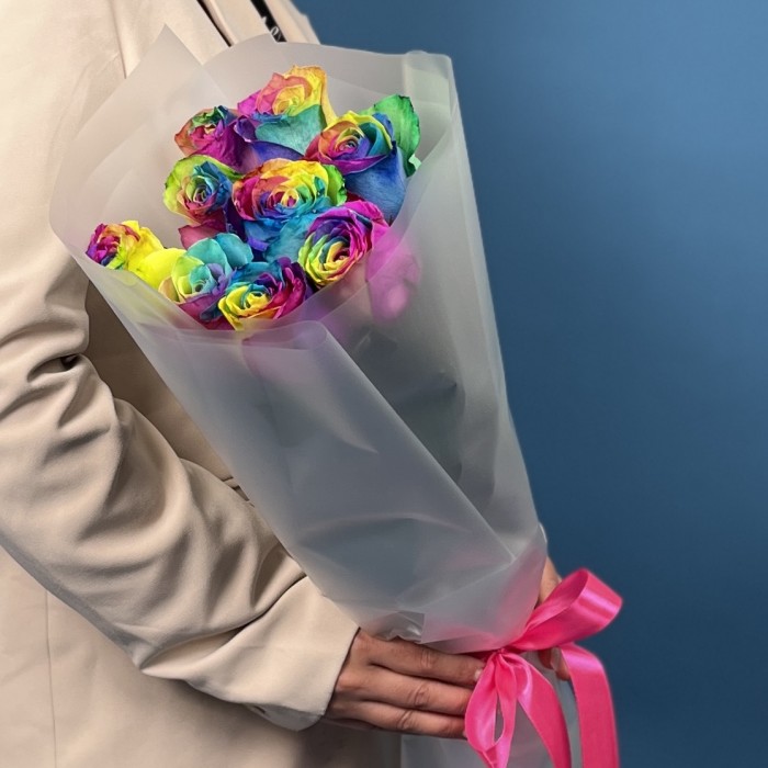 9 радужных роз 60 см