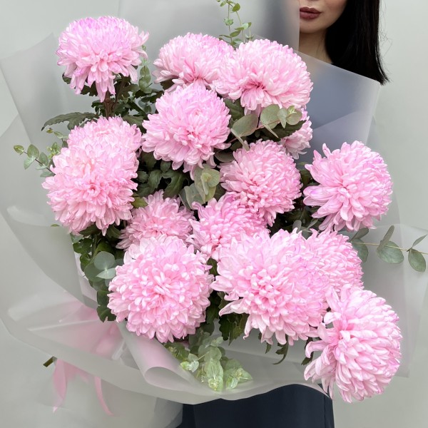 15 розовых хризантем с эвкалиптом