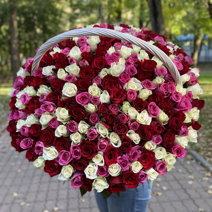 301 роза Яркий микс в корзине