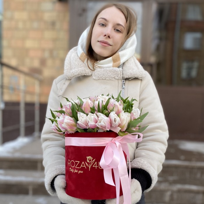 31 бело-розовый пионовидный тюльпан с альстромерией в коробке