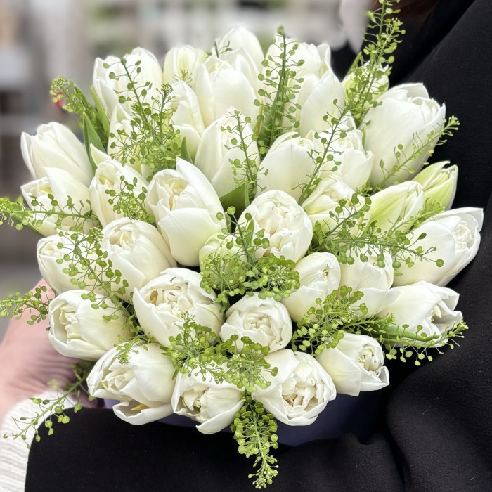 35 белых пионовидных тюльпанов с гринбелом в коробке