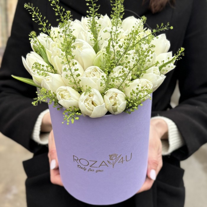 35 белых пионовидных тюльпанов с гринбелом в коробке