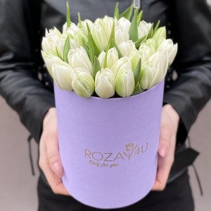 35 белых пионовидных тюльпанов в коробке