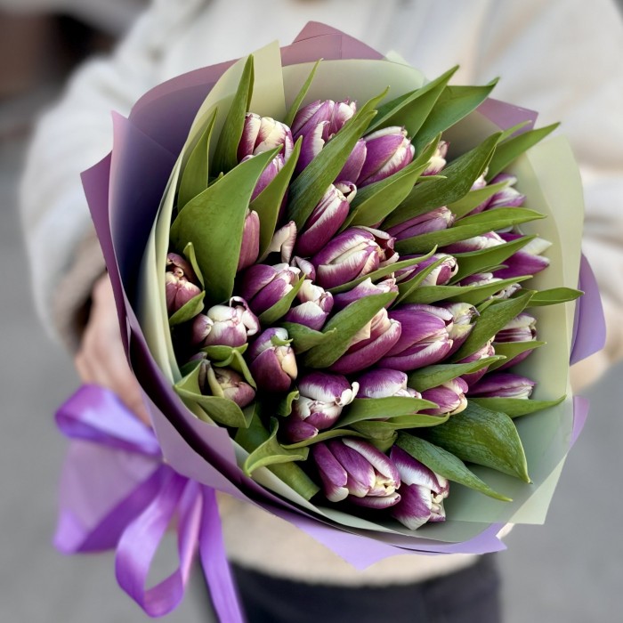 35 бело-фиолетовых тюльпанов Лайт харт