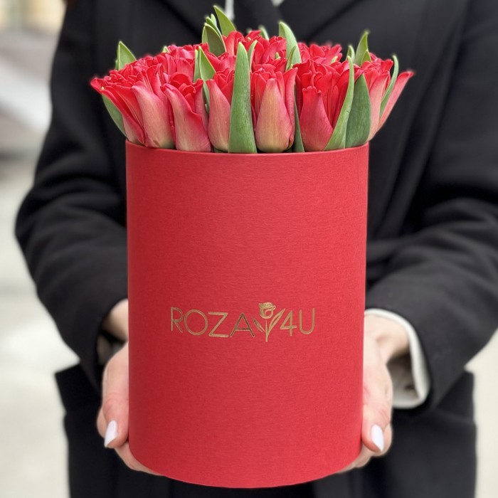 35 красных тюльпанов Ред дресс в коробке