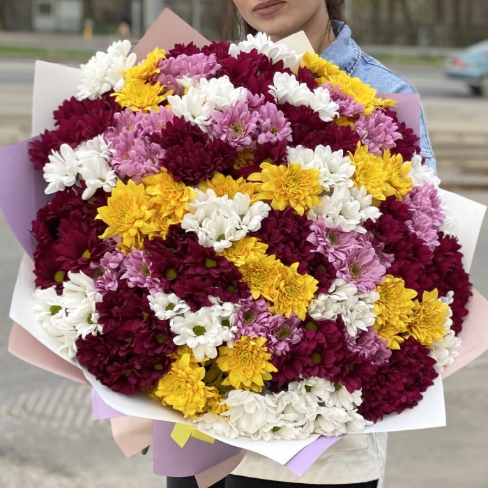 35 кустовых хризантем микс в упаковке