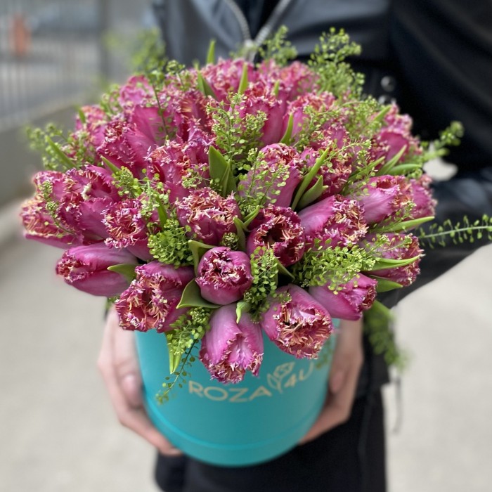 35 махровых тюльпанов с гринбелом в коробке