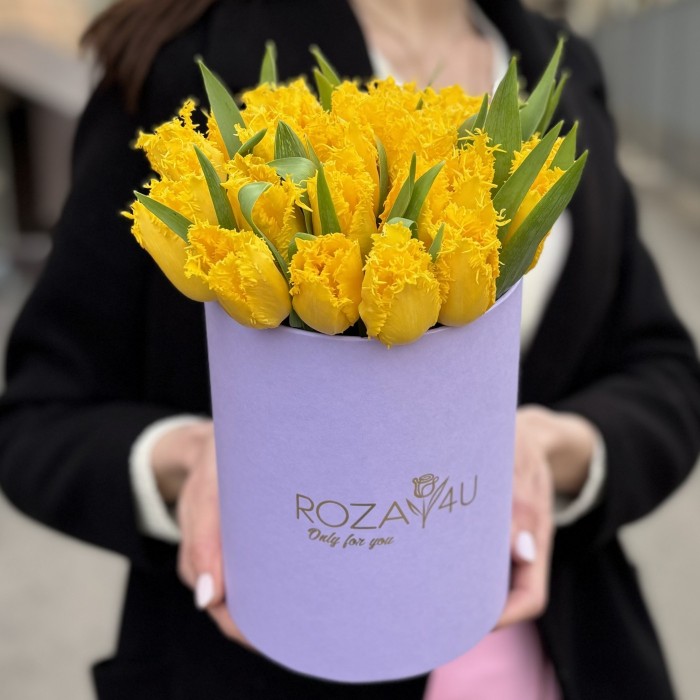35 махровых желтых тюльпанов в коробке