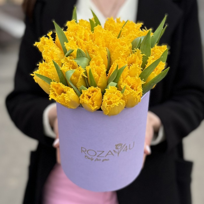 35 махровых желтых тюльпанов в коробке