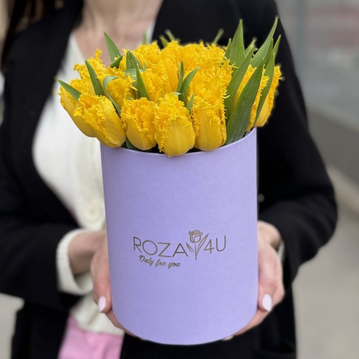 35 махровых желтых тюльпанов в коробке