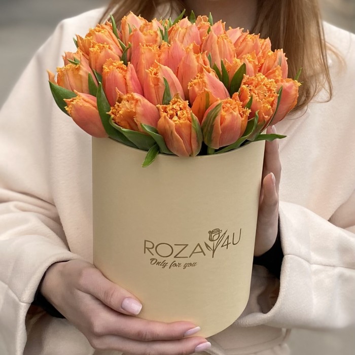 35 оранжевых махровых тюльпанов Оранж пэшн в коробке