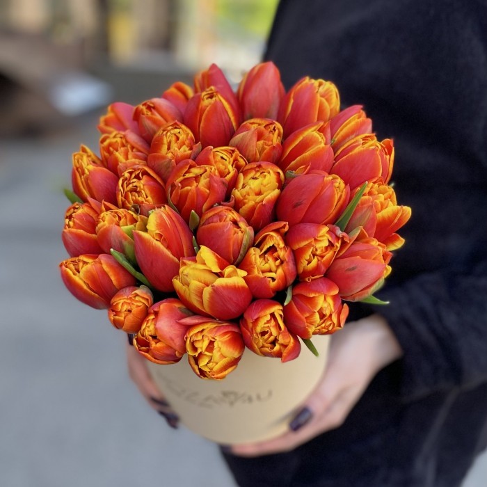 35 пионовидных оранжево-жёлтых тюльпанов Мира в коробке