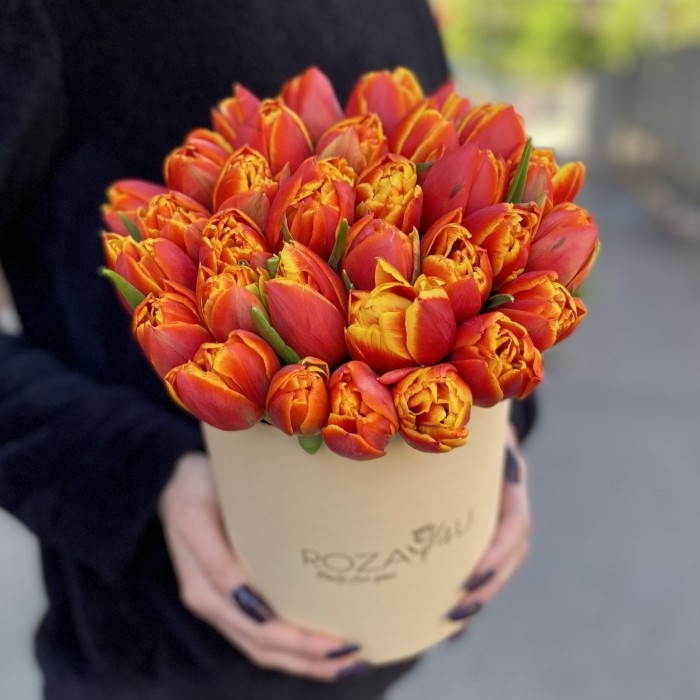 35 пионовидных оранжево-жёлтых тюльпанов Мира в коробке