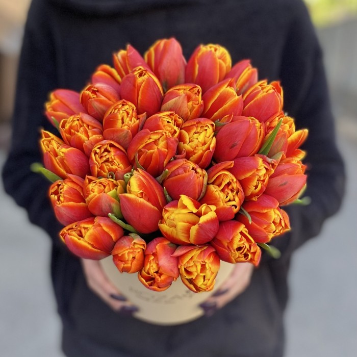 35 пионовидных оранжево-жёлтых тюльпанов Мира в коробке