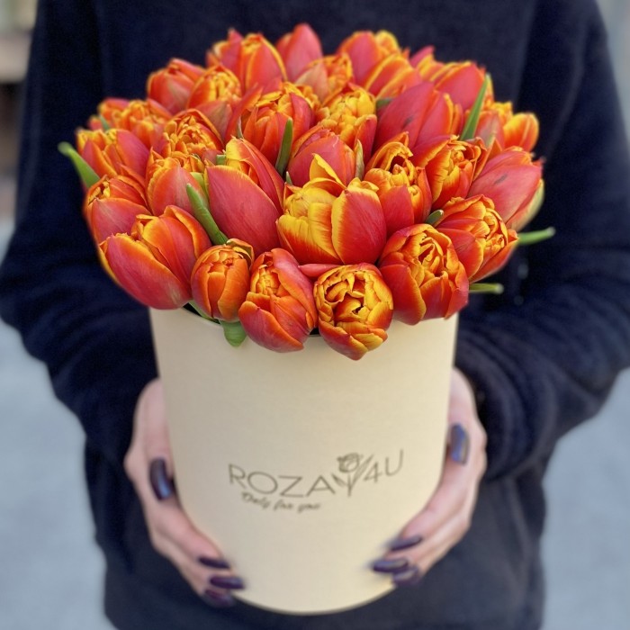 35 пионовидных оранжево-жёлтых тюльпанов Мира в коробке