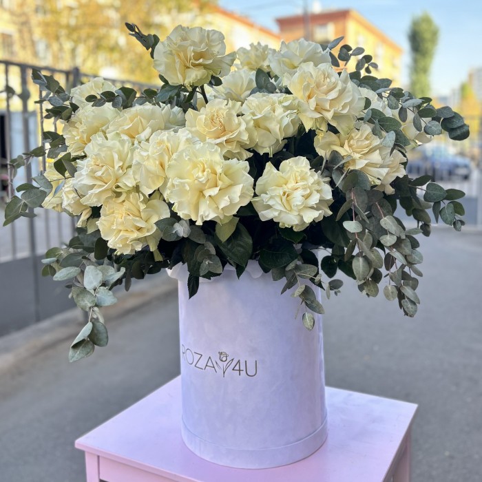 35 пышных белых роз Мондиаль с эвкалиптом в коробке