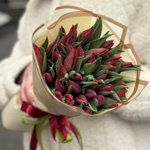 35 тюльпанов красного цвета в упаковке