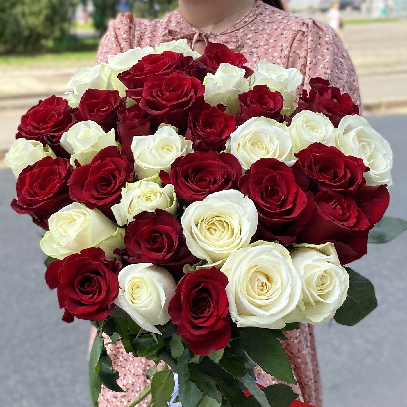 35 красных и белых длинных роз | купить недорого | доставка по Москве и  области