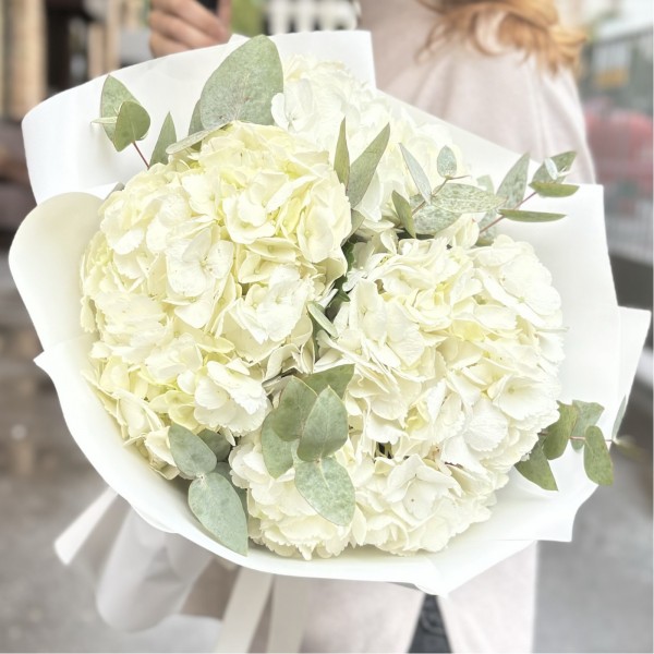 3 белые гортензии с эвкалиптом