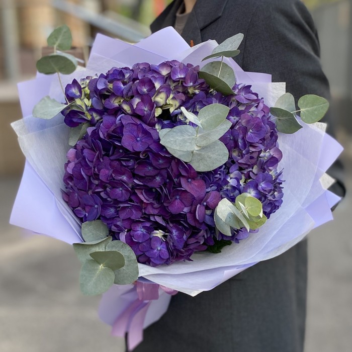 3 фиолетовые гортензии с эвкалиптом