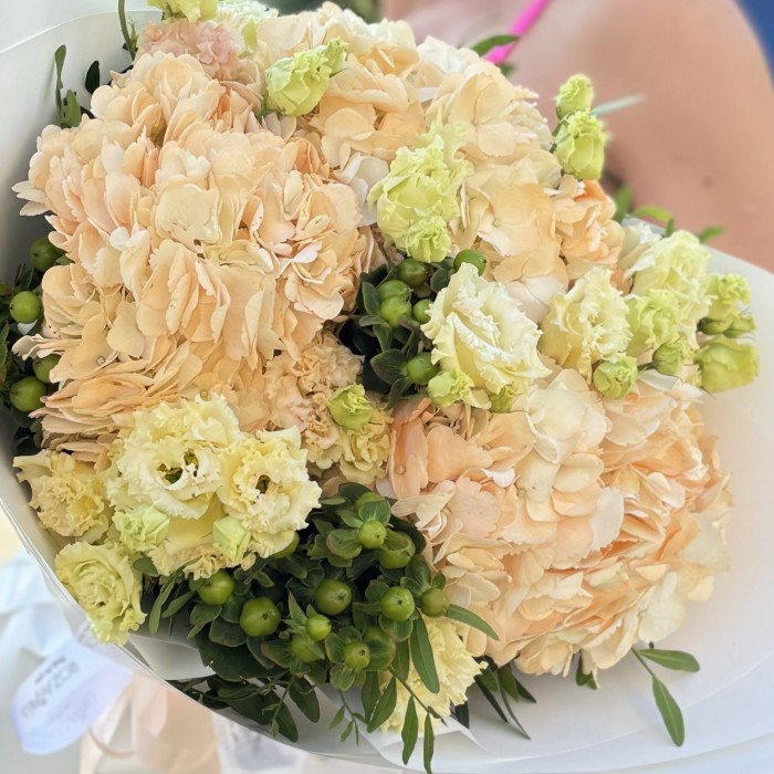 3 гортензии Пич с эустомой