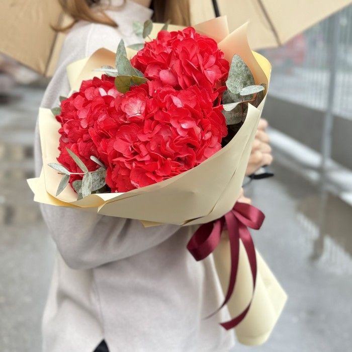 3 красные гортензии с эвкалиптом