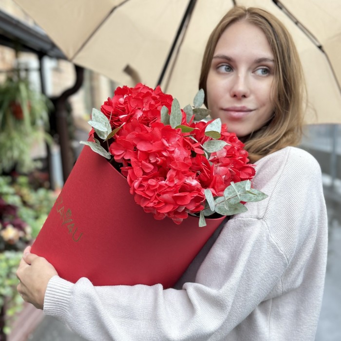 3 красные гортензии с эвкалиптом в коробке