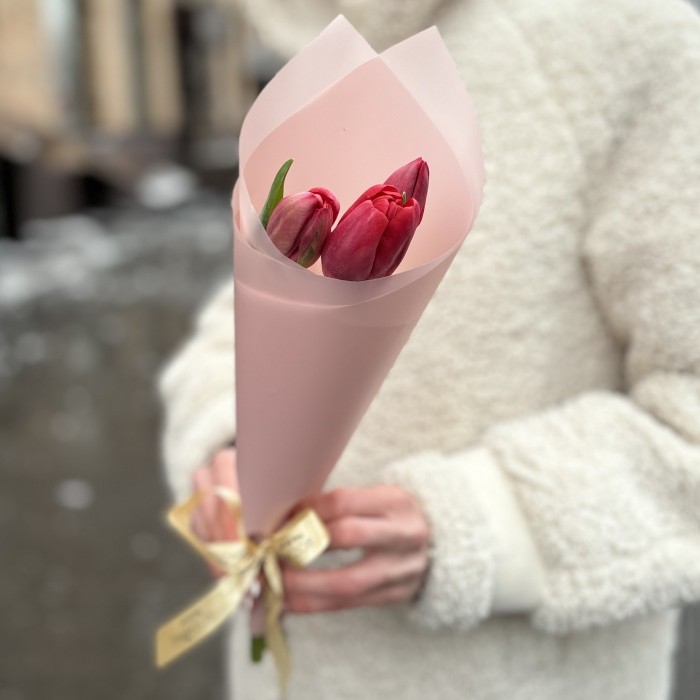 3 красных тюльпана в упаковке
