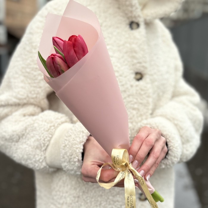 3 красных тюльпана в упаковке