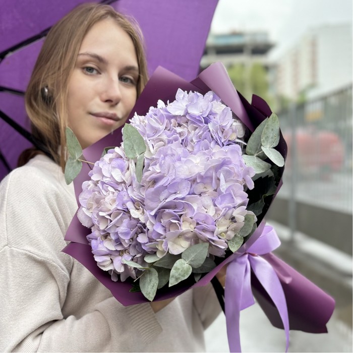 3 лавандовые гортензии с эвкалиптом