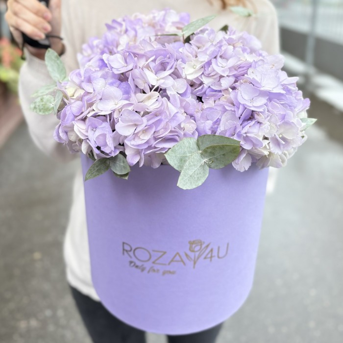 3 лавандовые гортензии с эвкалиптом в коробке