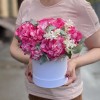 3 малиновые гортензии с агапантусом в коробке