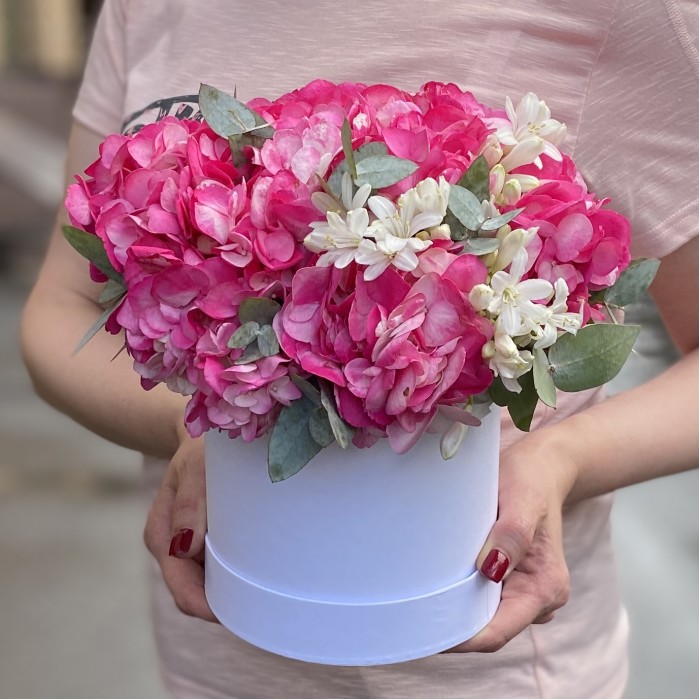 3 малиновые гортензии с агапантусом в коробке