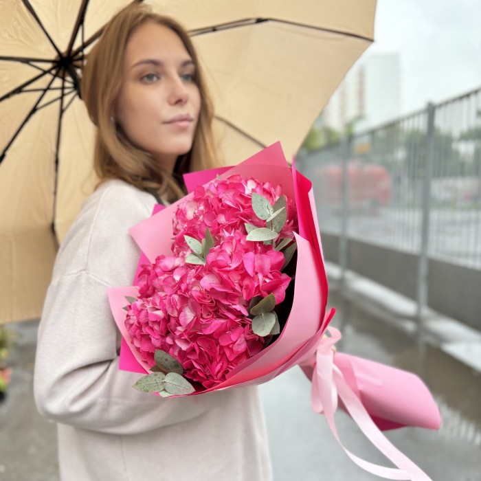 3 малиновые гортензии с эвкалиптом