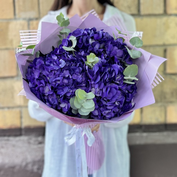 3 пурпурные гортензии с эвкалиптом