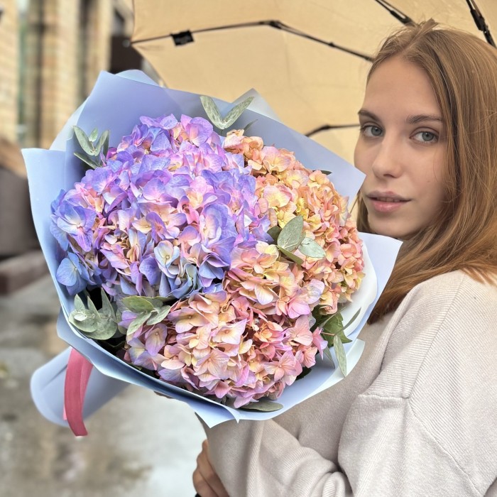 3 радужные гортензии с эвкалиптом