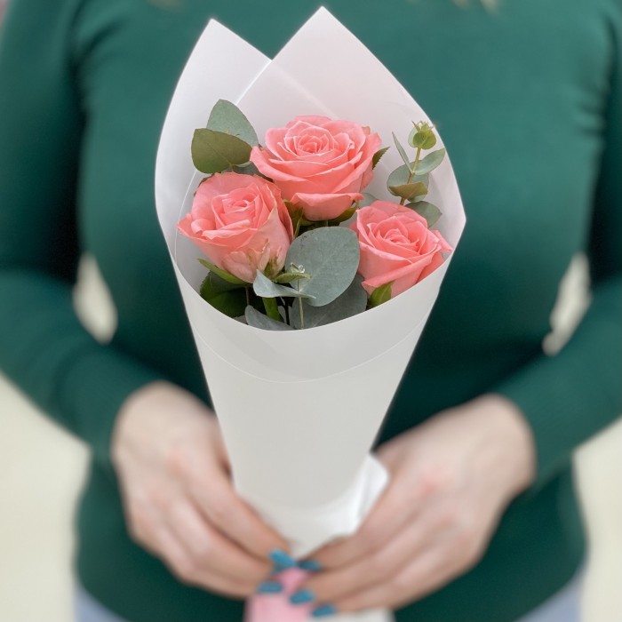 3 кораловые розы с эвкалиптом в упаковке