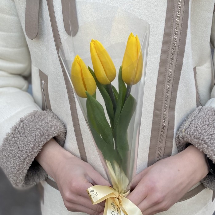 3 желтых тюльпана в пленке