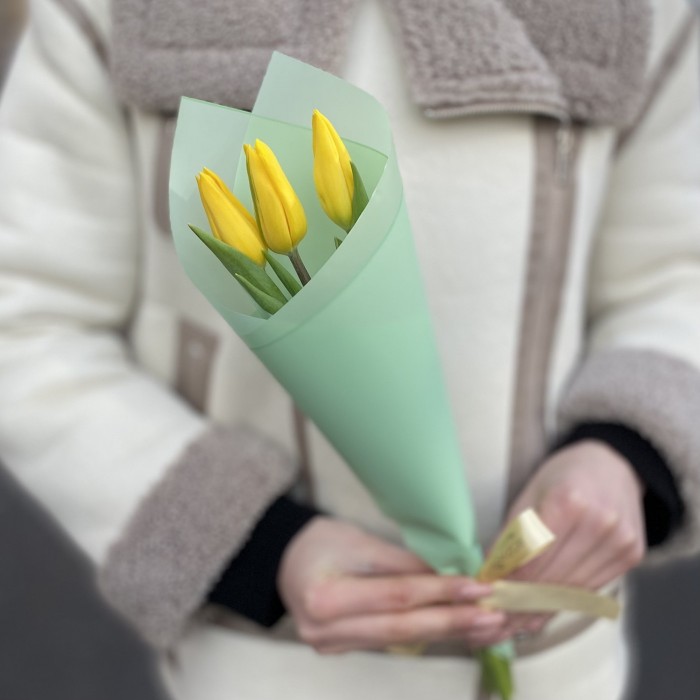 3 желтых тюльпана в упаковке