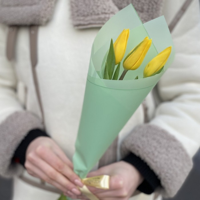 3 желтых тюльпана в упаковке