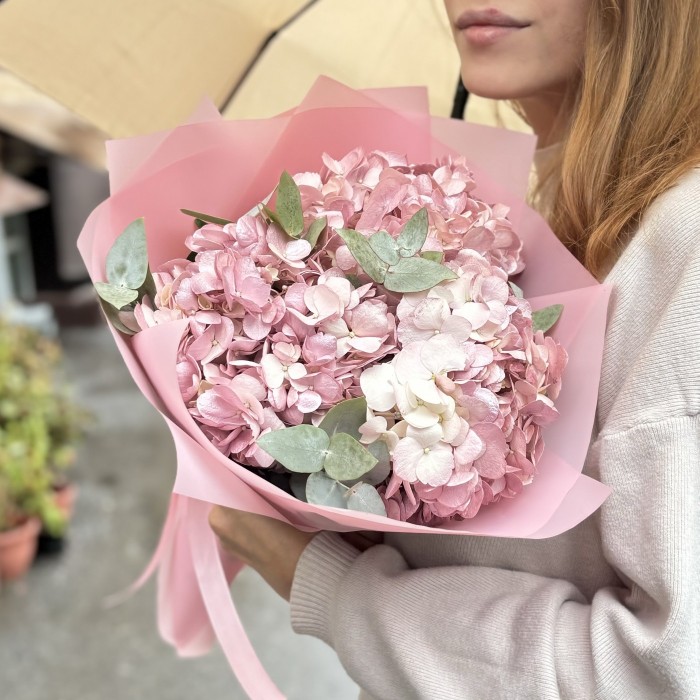 3 жемчужно-розовые гортензии с эвкалиптом