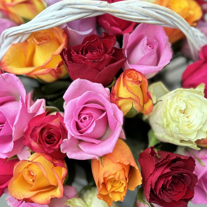 45 роз в корзине яркий микс