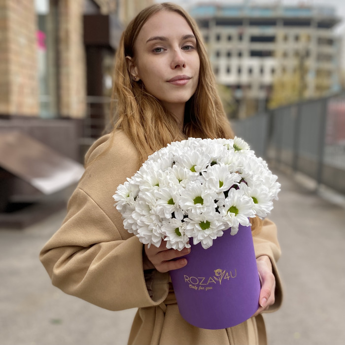 5 белых хризантем в коробке