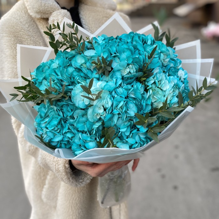 5 голубых гортензий с эвкалиптом