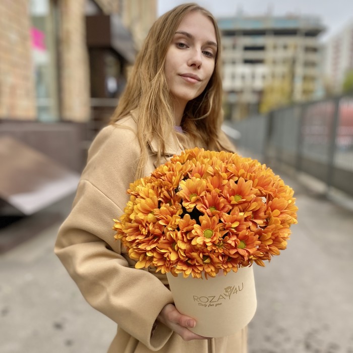 5 оранжевых хризантем в коробке