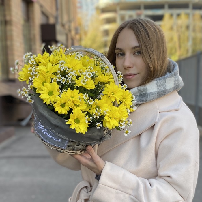 5 желтых кустовых хризантем Бакарди с ромашкой в корзине