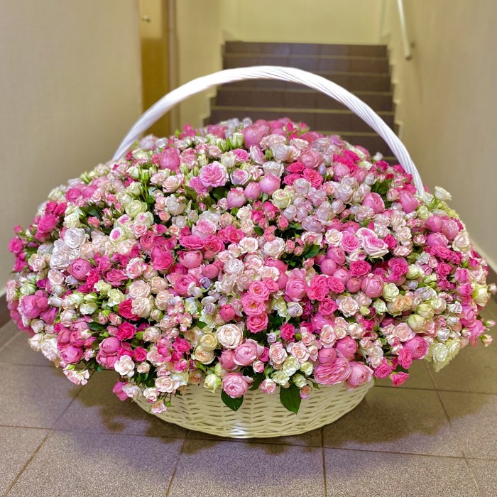 501 розовая кустовая роза в корзине
